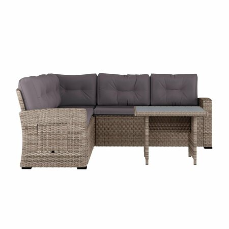 Flash Furniture Huck Wicker Rattan Conversation Set, L-Shaped Sofa w/Dining Table, Weather Resistant Cushions, Gray LTS-SET-02023-GY-GY-GG